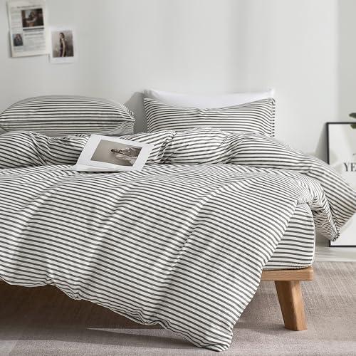 JELLYMONI 100% Natural Cotton 2pcs Striped Duvet Cover Sets,White with Grey Stripes Pattern Printed Comforter with Zipper Closure & Corner Ties(Twin Size)
