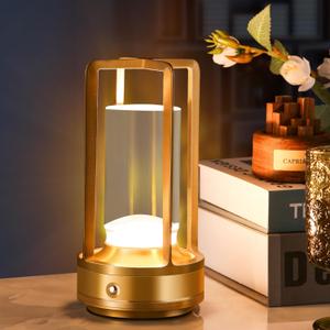 Portable Metal Table Lamp,Cordless Table Lamp, Rechargeable Battery Operated Lights, LED Table Lamps, 3 Color Stepless Dimming Touch, for Bedroom Restaurant Home Outdoor (Golden)