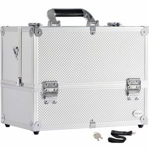 Joligrace Extra Large Makeup Train Case 6 Tray Make Up Artists Organizer Box Lockable Cosmetic Jewelry Toiletries Carrier Crafters Tool Cases with Adjustable Dividers & Shoulder Strap - Silver