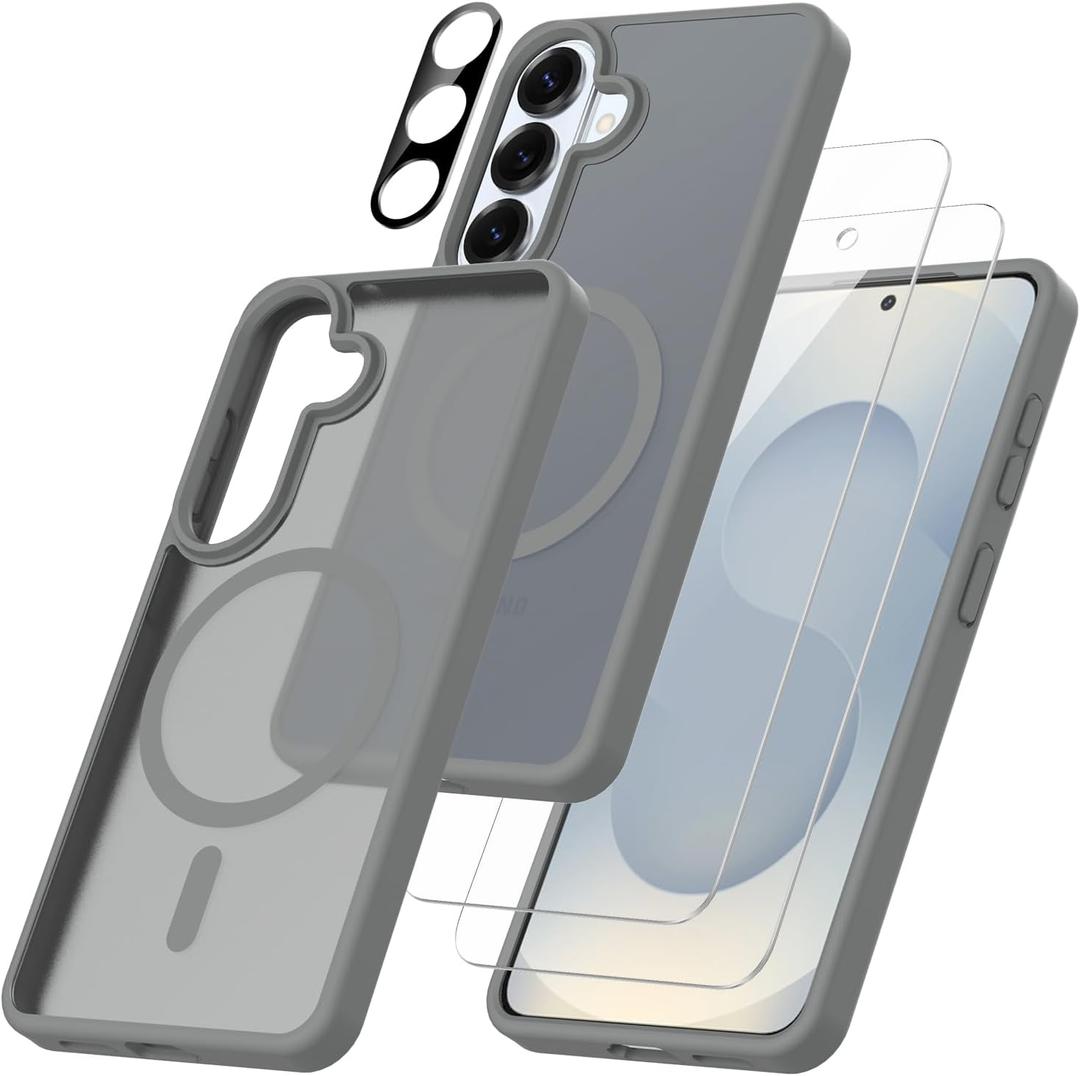 for Samsung Galaxy S26 5G Case with 2 * Tempered Glass Screen Protector with 1* Camera Lens ProtectorCompatible with Magnetic mounts, Shockproof Protective Bumper Phone Cover (Grey)