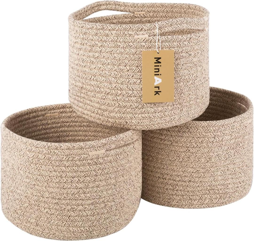 Small Basket for Organizing | Cube Shelf Closet Storage Baskets | 9.79.77.1 | Woven Rope Gift Basket | Nursery | Round 3 Packs Mixed Brown (Natural)