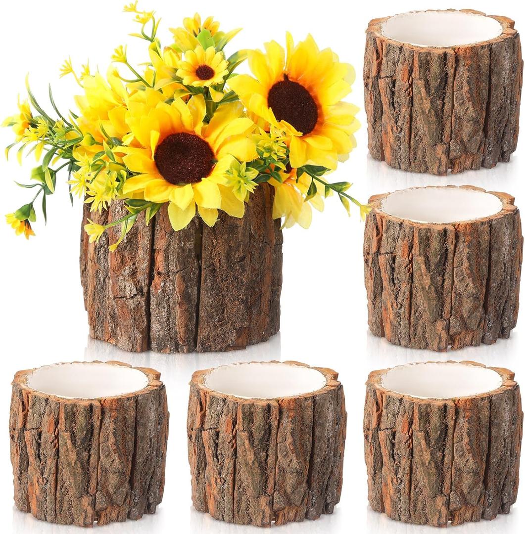 5 Pcs Wooden Vase for Centerpieces Woodland Table Decor Wooden Flower Vase Rustic Bark Stump Buckets Vintage Wood Planter Pots for Garden Party Wedding Window Home Farmhouse (Large)