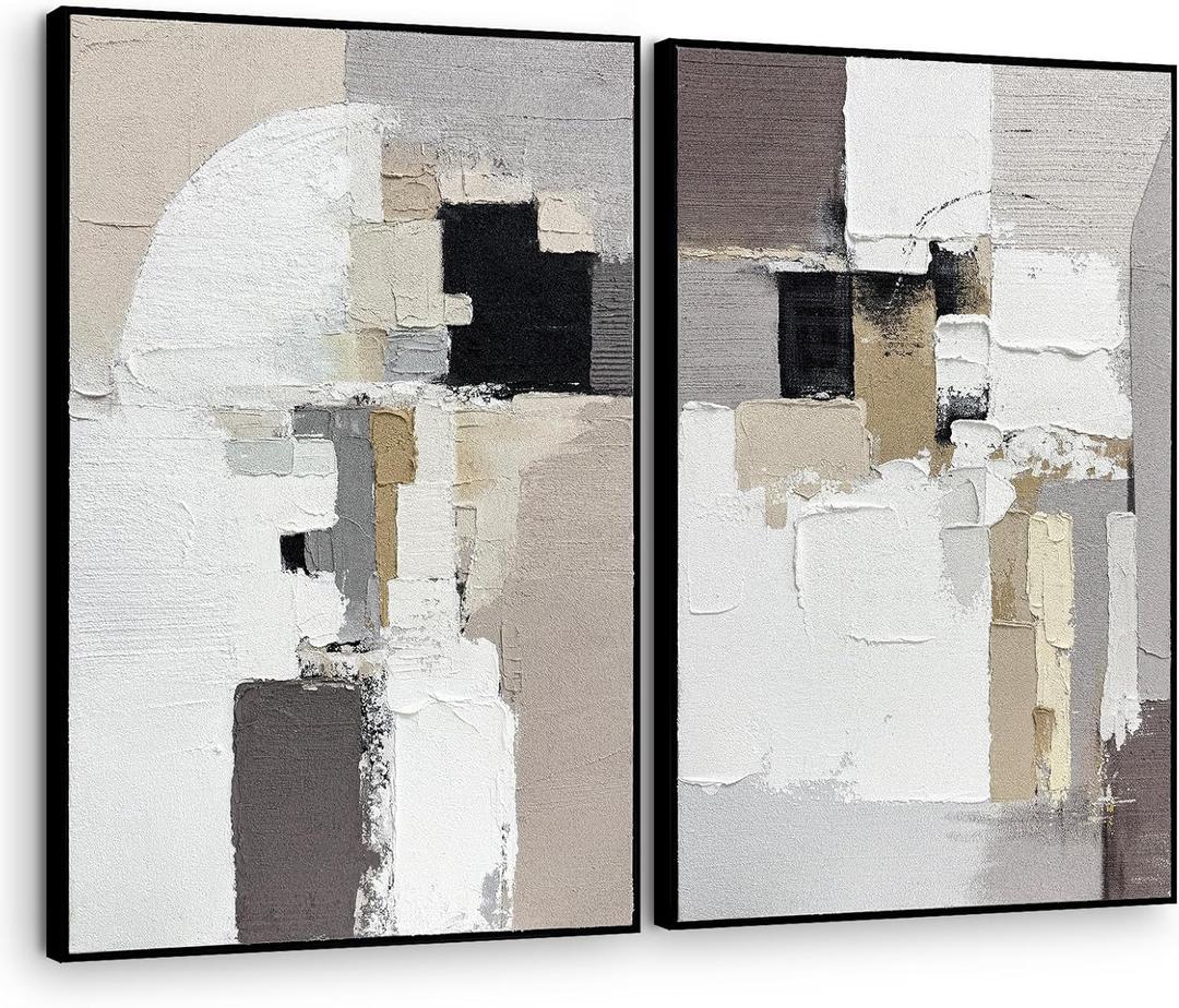 SAFERRYHOME Neutral Abstract Hand Painted Wall Art, 3D Textured Minimalist Framed Canvas Wall Decor, Large Modern Geometric Painting Artwork for Home Office Living Room, 24"x36"x2, 24"x36"x2 Panels