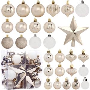 Champagne Christmas Ornaments - 52 Pack Plastic Shatterproof Baubles Set for Tree, Wreath, Wedding & Party Indoor Decor
