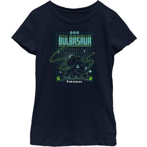 Fifth Sun Pokemon Bulbasaur Grid Girls Short Sleeve Tee Shirt (Small, Navy Blue)