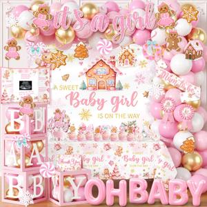 Christmas Gingerbread Baby Shower Decoration,Pink Gingerbread House Snowflake Party Supplies A Sweet Baby Girl is On The Way Balloons Boxes Tablecloth Backdrop Cake Topper for Winter Xmas Party Decor