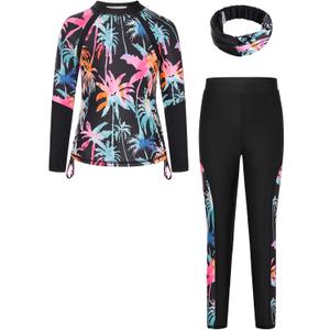 GRACE KARIN Girls Swimsuit Size 12-14 Teen Girl Swimwear Rash Guard Sets Quick Dry Long Sleeve Bathing Surfing Suit Summer Beach Pool Sun Protection
 (Iridescent Tropical Palm Print on Black)