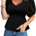 Acelitt Women's Spring Summer Puff Short Sleeve Peplum Top Casual V Neck Smocked Blouses Dressy Shirt, M, Black