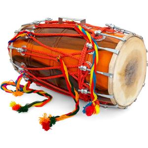14 Inch Medium Handmade Wooden & Leather Classical Indian Folk Tabla Dholak Drum Set With Adjustable 24-Bolts & Tuning Spanner, Hand Percussion World Musical Instruments For Musicians Punjabi Dholki