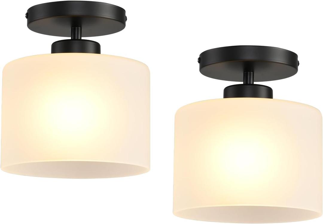 Semi Flush Mount Ceiling Light, Modern Kitchen Lighting Fixtures Ceiling, Rustic Ceiling Light Fixtures, Ceiling Lights with Glass Shade for Hallway Foyer Entryway Bedroom (2 Pack, 2 Packs Milk Glass)