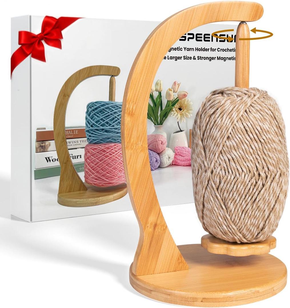 SPEENSUN Yarn Holder for Crocheting, Large Magnetic Rotating Yarn Spinner for Knitting & Crochet, Fits Most Yarns up to 1.1 lbs, Easy Assembly, Mothers Day Gift for Mom, Gift-Ready Box (Natural Bamboo)
