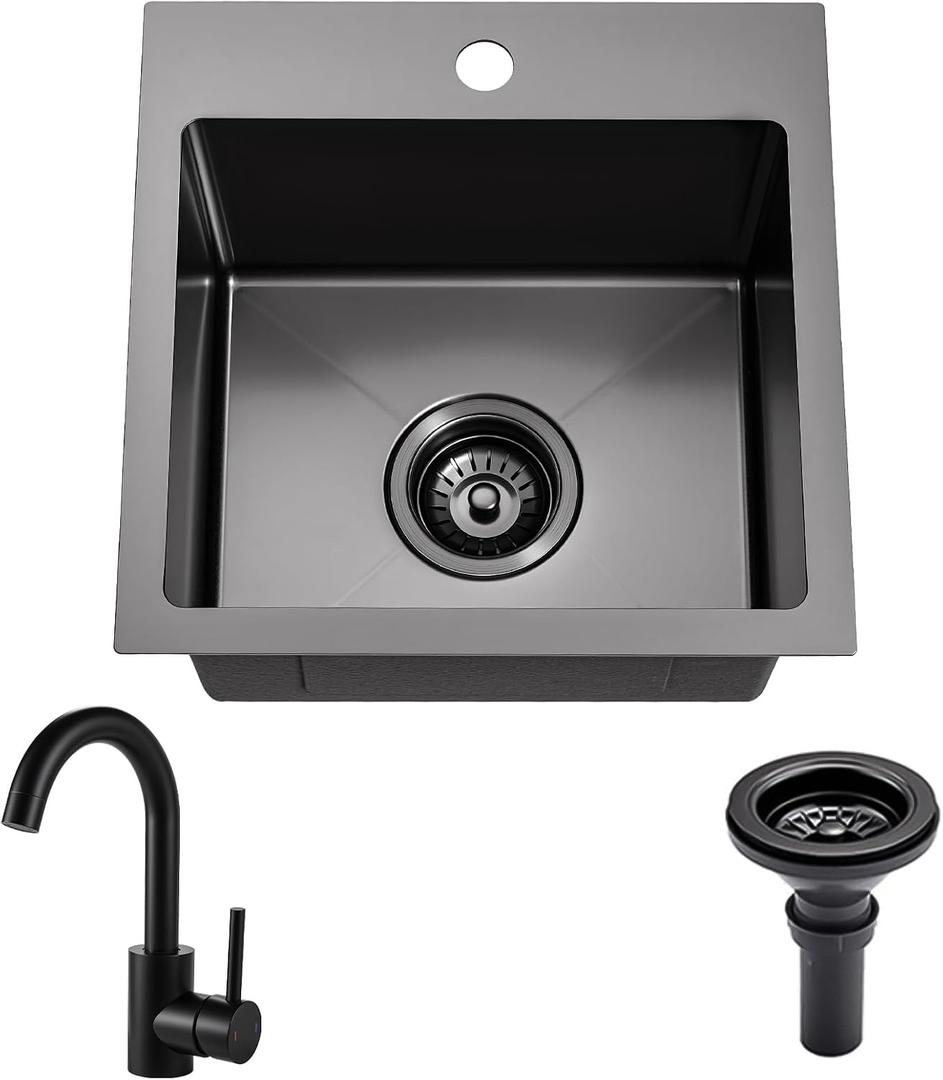 Gunmetal Black bar sink 15 inch Drop in Bar Sinks Modern Stainless Steel Small Kitchen Sinks Single Bowl RV Sink with Faucet Combo