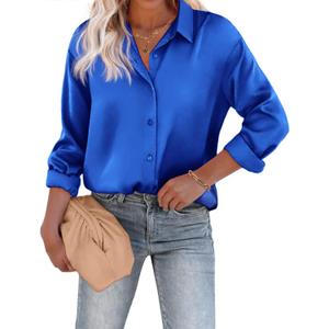 Chigant Women's Blouse Satin Silk Shirts Button Down Shirts Casual Loose Long Sleeve Office Work Tunic Tops (X-Large, Royal Blue)