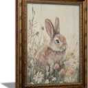 Vintage Gold Framed Bunny Wall Art, Spring Rabbit and Wildflowers Cottagecore Painting Canvas Print, Country Animal Picture Wall Decor, Rustic Farmhouse Floral Poster Artwork for Living Room Bedroom, 24"L x 16"W