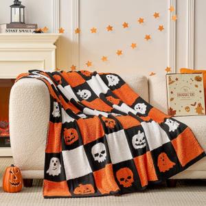 Snuggle Sac Halloween Throw Blanket Orange Pumpkin Blanket with Ghost Skull,Soft Cozy Black White Checkered Luxury Decoration Blanket for Couch Sofa Bed,5060 inches