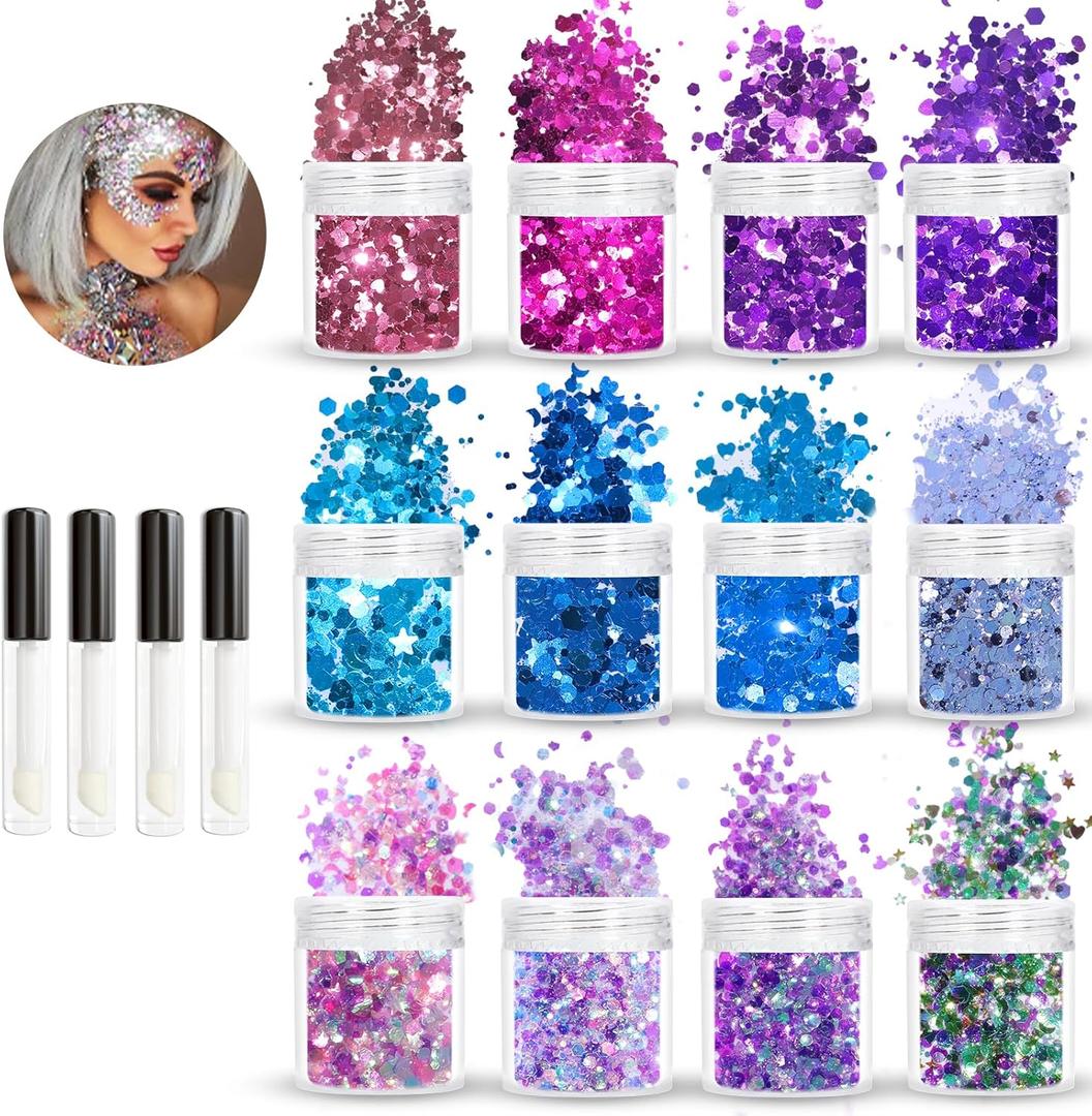 Allstarry Holographic Chunky Body Glitter 12 Colors Cosmetic Face Glitter Makeup Colorful Mermaid Sequins Hair Face Paint Sparkling Festival Outfits Rave Accessories for Women Makeup