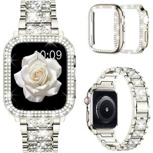 Mosonio Compatible with Apple Watch Band 38mm 40mm 41mm 42mm 44mm 45mm 46mm 49mm with 2 Pack Case Women, Jewelry Replacement Metal Bands Strap with Bling PC Protective Case for iWatch Ultra SE Series 11/10/9/8/7/6/5/4/3/2/1