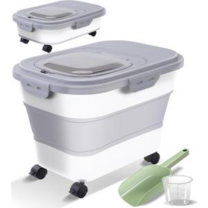 Collapsible Dog Food Storage Container, Airtight 30 35 Lbs Rice Cereal Flour Sugar Containers, Sealable Plastic 20 25 Pound Dog Pet Cat Bird Seed Kitchen Pantry Holder Bin Bucket with Rolling Wheel (White)