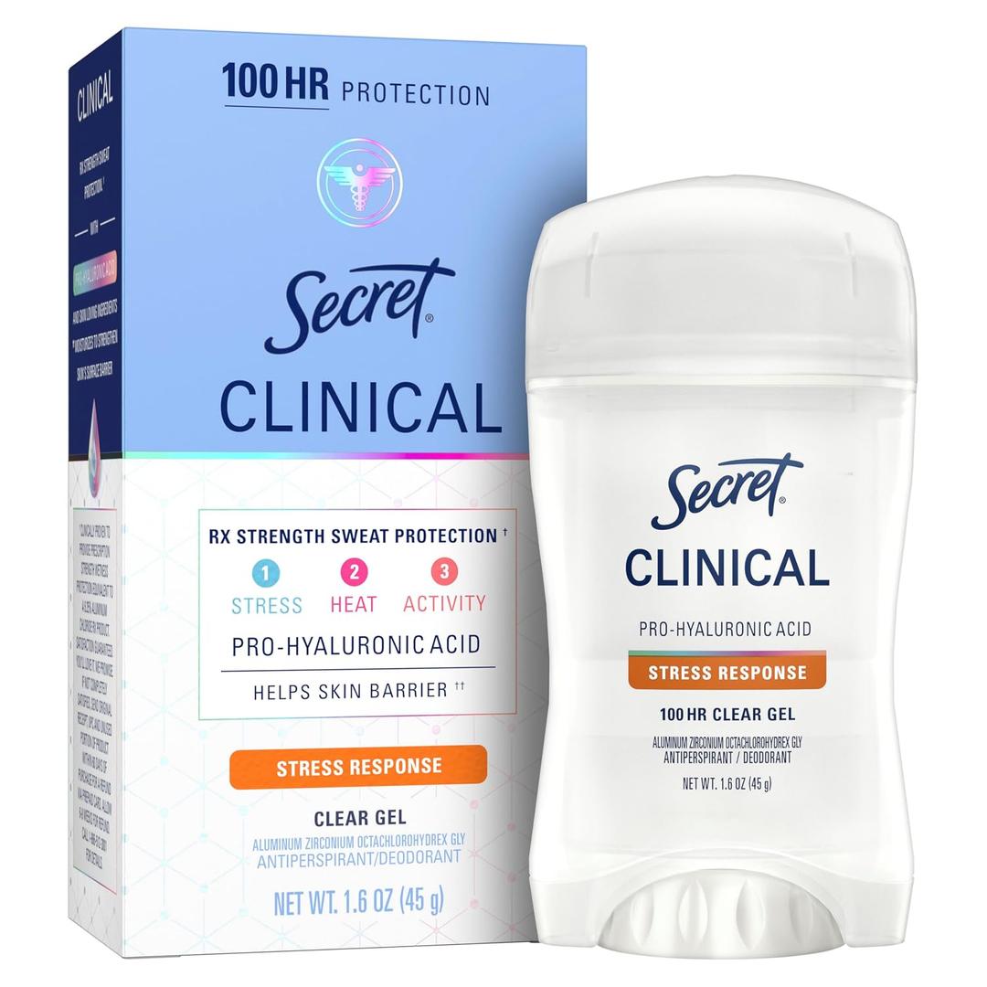 Secret Clinical Strength 100HR Sweat & Odor, Stress Response Clear Gel Antiperspirant Deodorant for Women, 3X Stress Protection with Pro-Hyaluronic Acid, PH Balancing Minerals, 1.6 oz