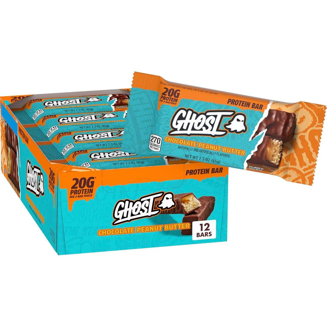 Ghost Chocolate Peanut Butter Protein Bar, 20g Protein, 2g Sugar, 12 ct | 270 Calories per Dual-Bar Pack, Crisp Cookie & Caramel Layers, Chocolatey Coating, Gym-Ready, 27.6 oz (EXP 11/01/26)