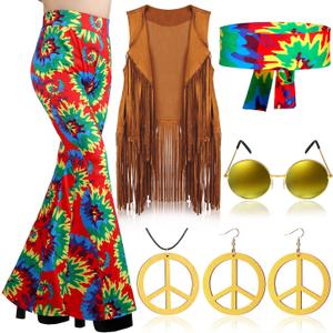 Haull 7 Pcs 60s 70s Outfits for Women Hippie Costume Set Boho Flared Pants Fringe Vest Peace Sign Accessories Set (Small)