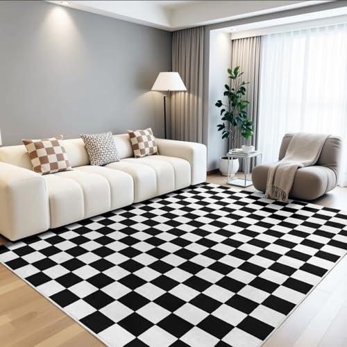 Terrug Black and White Checkered Rug for Living Room, 5x7 Area Rugs Washable with Non Slip for Bedroom, Soft Low Pile Stain Resistance Retro Carpet for Dorm Kids Room