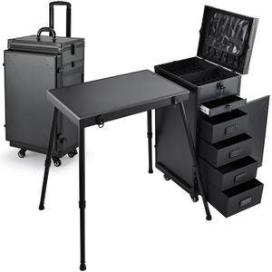 Joligrace Rolling Manicure Table 5 Drawers Makeup Case Foldable Nail Desk Cosmetology Case on Wheels Nail Tech Table with Brush Pouch for Technician Workstation Mobile Makeup Artist Trolley Black