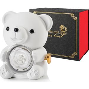 Cute Teddy Bear with Forever Preserved Real Rose,Eternal Flowers Elegant Rose Box with Teddy Bear Gift Card, Romantic Gift for Her in Valentine's Day, Mother's Day,Weddings, (White)
