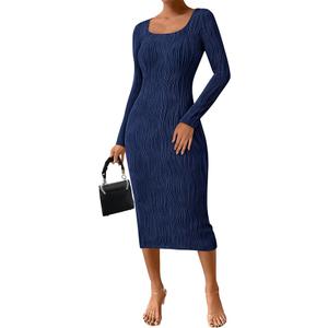 PRETTYGARDEN Womens Spring Dresses 2026 Long Sleeve Square Neck Knit Midi Beach Vacation Clothes Slit Bodycon Long Dress L