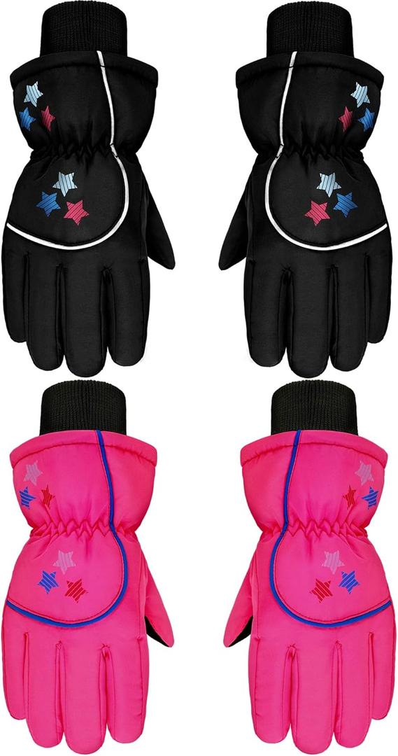 Hicarer 2 Pairs Kids Waterproof Winter Gloves Snow Gloves for Boys Girls Child Toddler Warm Ski Gloves for Cold Weather (3 - 6 Years, Black and Rose Red)