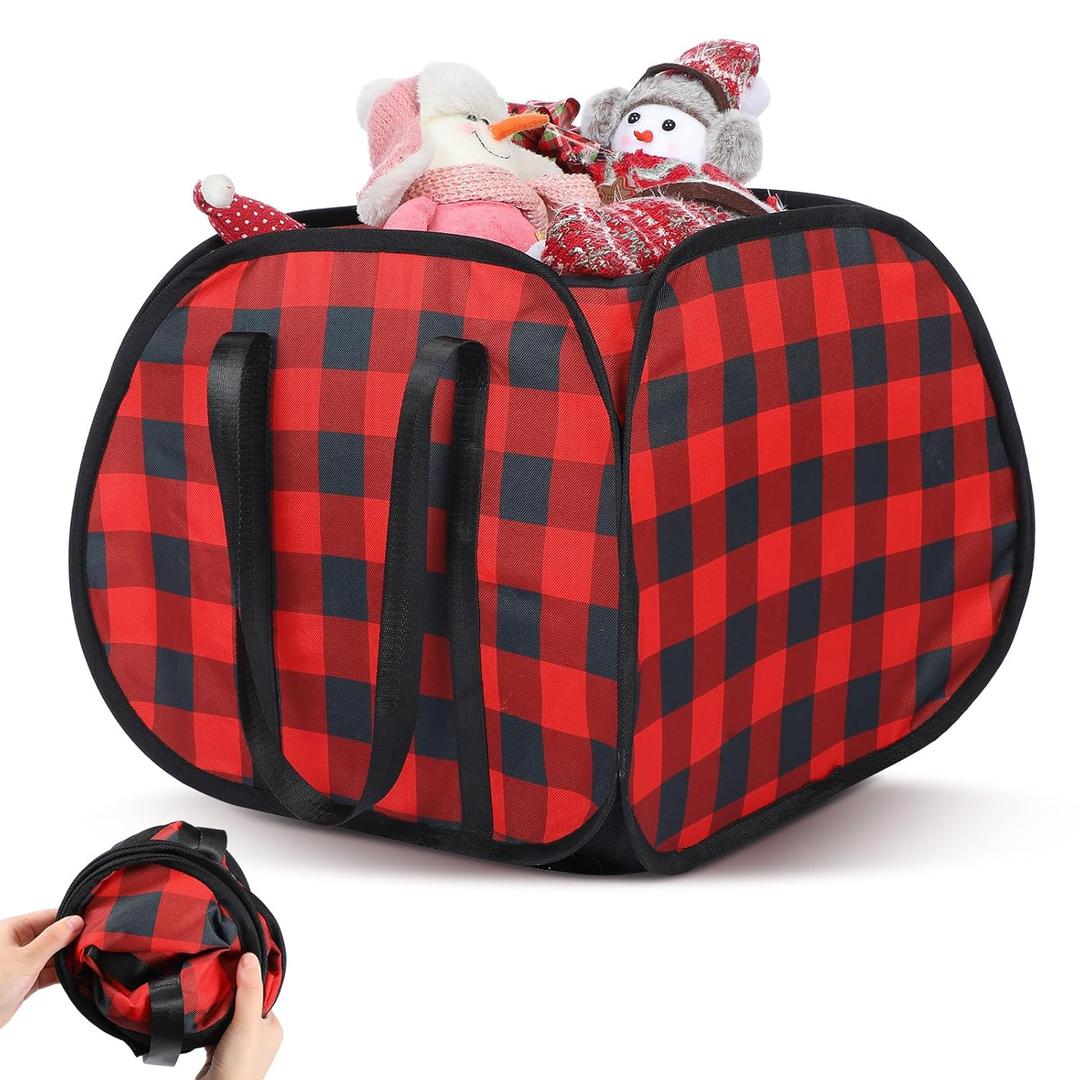 1 Pcs Large Christmas Buffalo Plaid Basket Red Black Plaid Laundry Basket, 20 x 20 x 15, Foldable Pop up Large Mesh Toy Organizer Bin for Holiday Christmas Living Room Area, Playroom