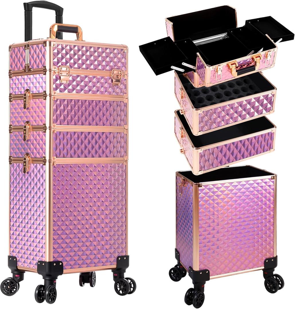 AROUS Rolling Makeup Train Case 4 in 1 Cosmetology Case on Wheels Large Storage Cosmetic Trolley with Key Salon Barber Case Traveling Cart Trunk, Pink