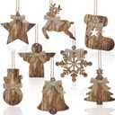 8 Pcs Rustic Christmas Tree Ornaments Wooden Farmhouse Christmas Ornaments Angle Snowflake Reindeer Tree Hanging Decor for Xmas Home Office Fireplace Winter (Brown,4.3 x 3.9 Inches)
