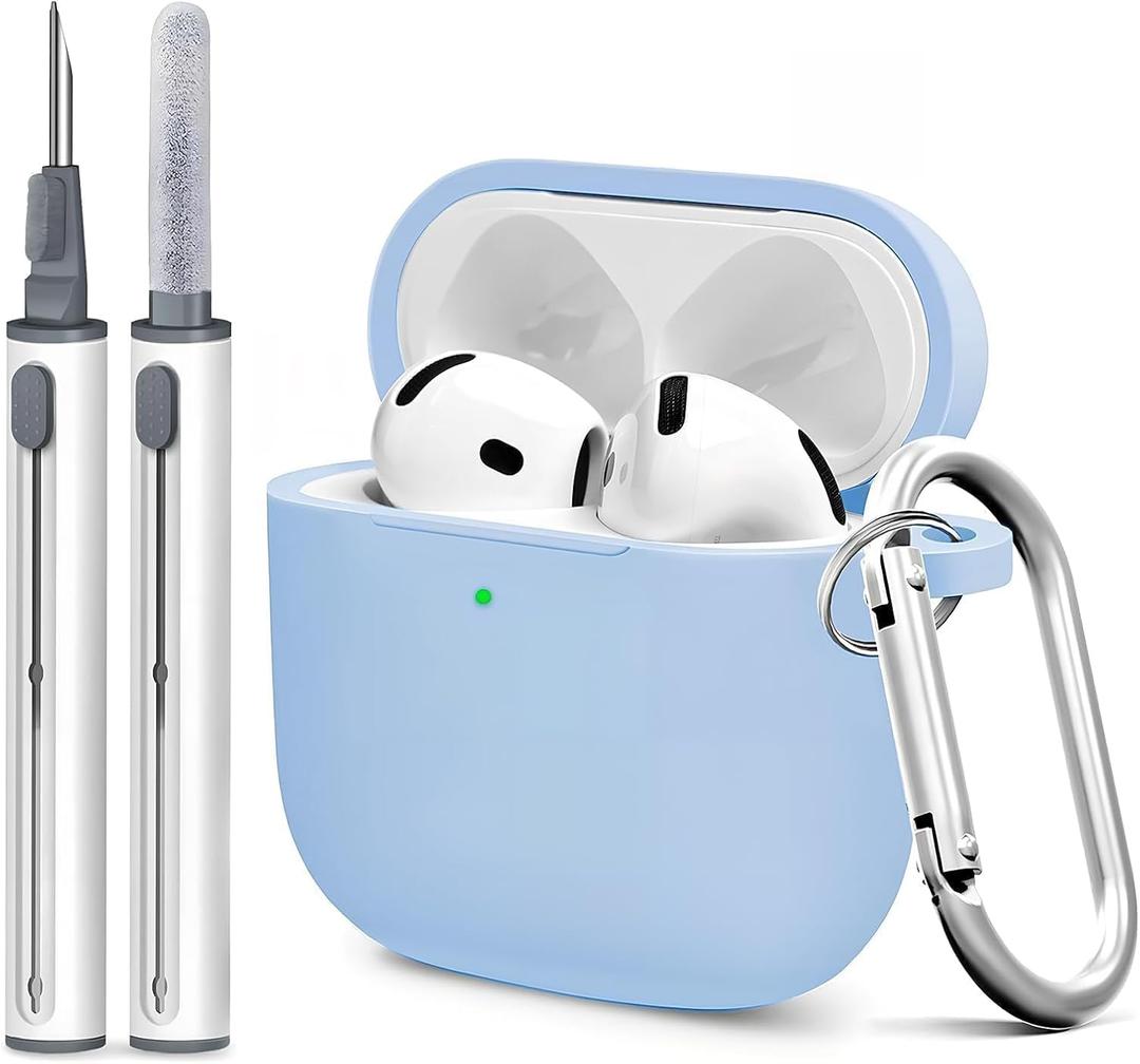 for Airpods 4th Case Cover, Come with Cleaner Kit,Soft Skin Silicone Case Cover with Keychain, Full Protective Case for Men and Women, Compatible with AirPods 4th Generation Case,Sky Blue