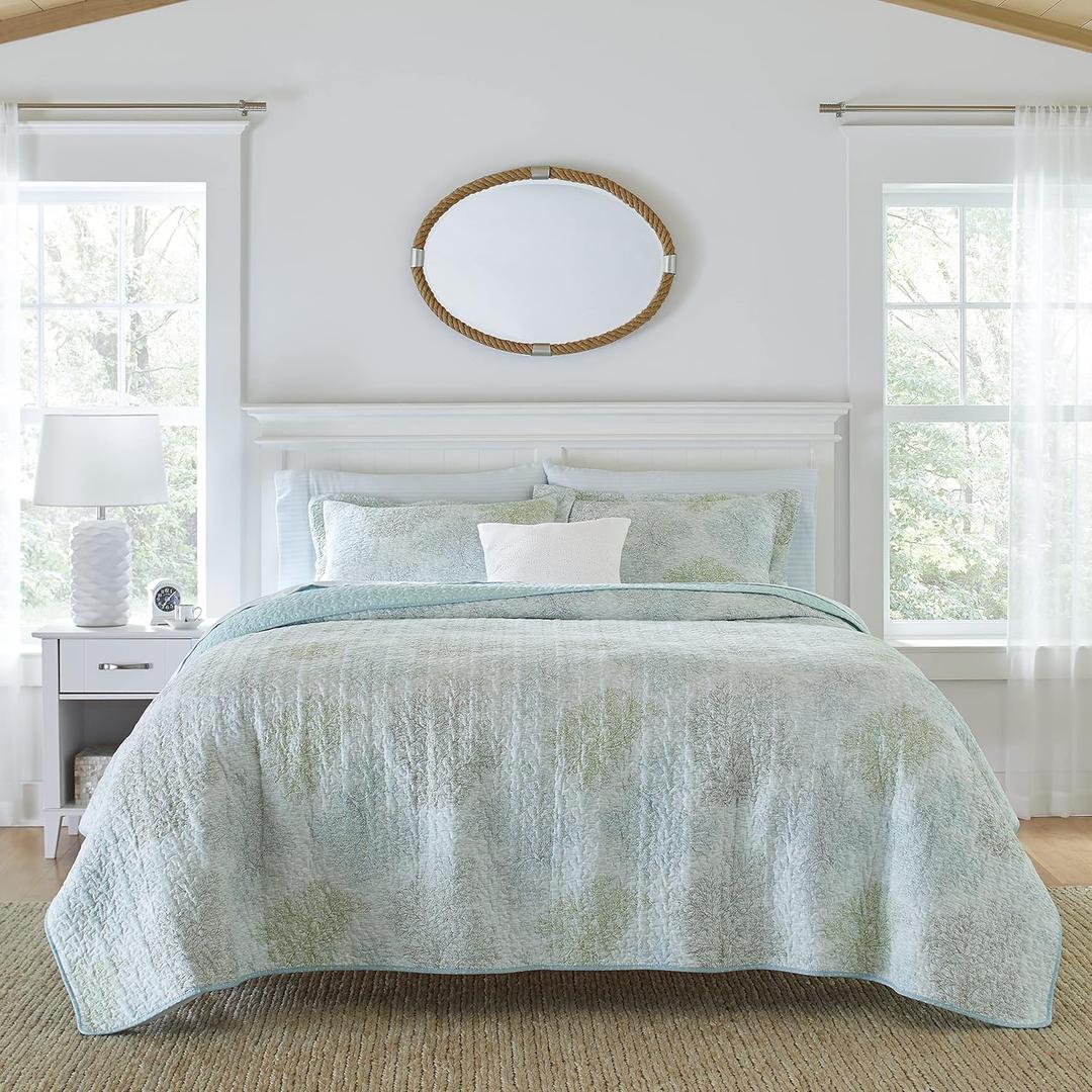 Laura Ashley - King Quilt Set, Reversible Cotton Bedding with Matching Shams, Pre-Washed Home Decor for Added Softness (Saltwater Blue, King)