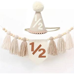 6 Months Birthday Decoration 1/2 Boho Neutral High Chair Banner with Cone Hat for Baby Boy Girl Half Birthday Decorations