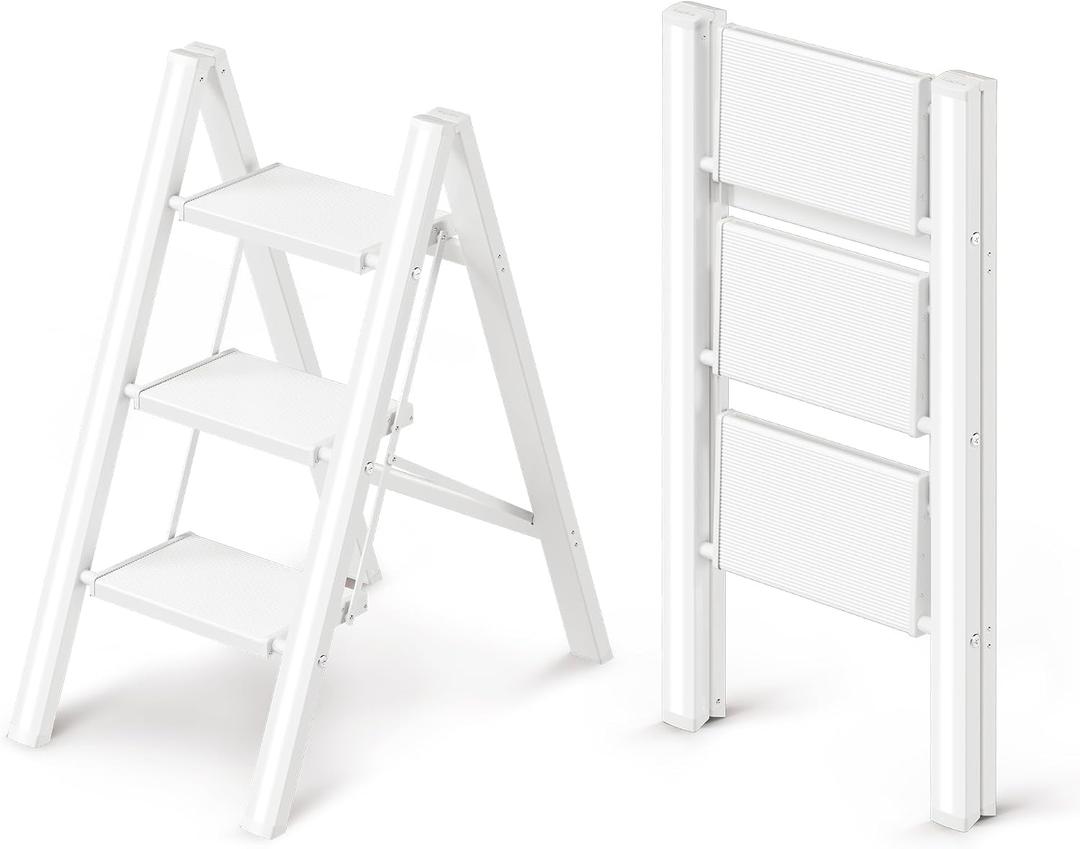 3 Step Ladder, Foldable Aluminum Step Stool with Anti-Slip Pedal
