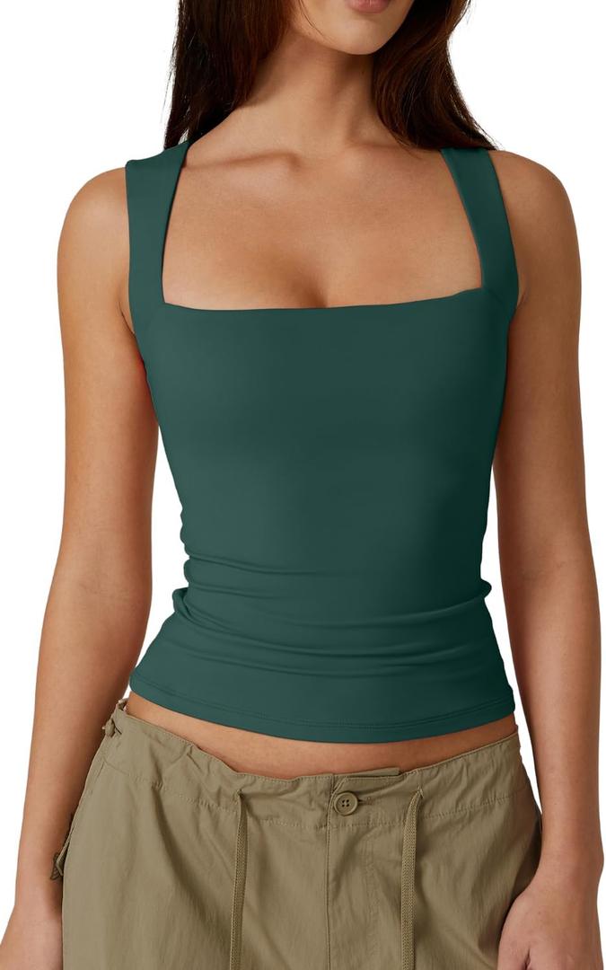 QINSEN Women's Square Neck Sleeveless Double-Layer Tank Tops Basic Tight T Shirts (X-Large)