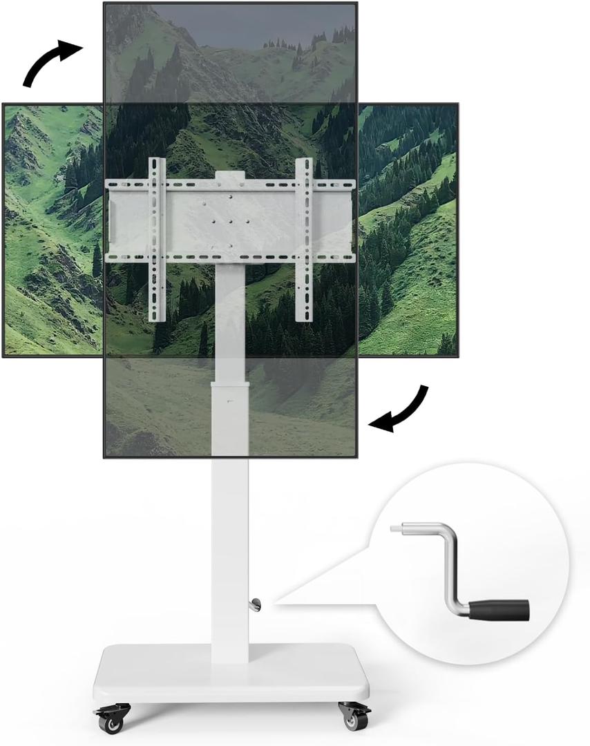 Mobile TV Cart with Handle Stepless Lift,Rolling TV Stand for 42-75inch TVs with 90 Rotating,Portrait to Landscape,Height Adjustable TV Stand with Wheels Holds up to 110lbs,Max VESA 600x500mm (White)