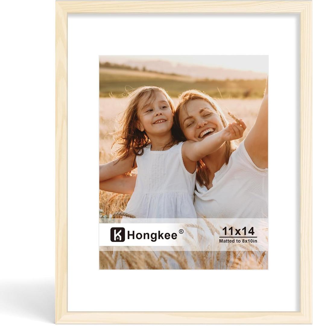Hongkee 11x14 Picture Frame, Made of Solid Wood with Real Glass, Display Pictures 8x10 with Mat or 11 x 14 without Mat - Wall and Tabletop (Natural, 1 Pack)