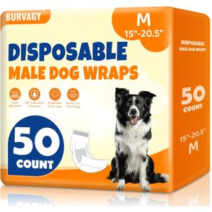 BURVAGY 50 Count Disposable Male Dog Wraps, Male Dog Diapers, Super Absorbent Pee Wraps, Belly Bands for Dogs, Leak Proof, Wetness Indicator, Puppy and Doggie Diaper for Peeing, Medium