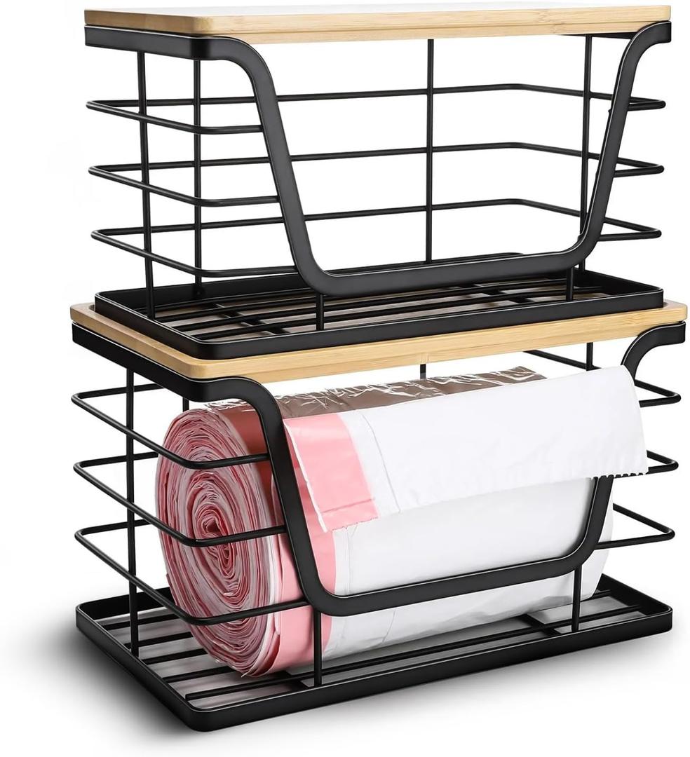 2 Pack Trash Bag Dispenser & Garbage Holder Stackable Wall Mount Storage Organizer with Bamboo Top, No Drill Roll Holder for Kitchen, Bathroom, Laundry & Under Sink Countertop Organization
