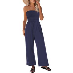 STOLKISS Womens Tube Top Jumpsuits Strapless Belted Wide Leg Bustier Jumpsuit Backless Baggy Long Pants Rompers with Pockets (Blue, XL)