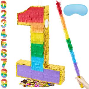 PCFING 20 Inch Number 1 Piata Rainbow with 30 Inch Piata Stick Blindfold Confetti for Boys Girls Adults Birthday Party Decorations, Anniversary Celebration, Fiesta