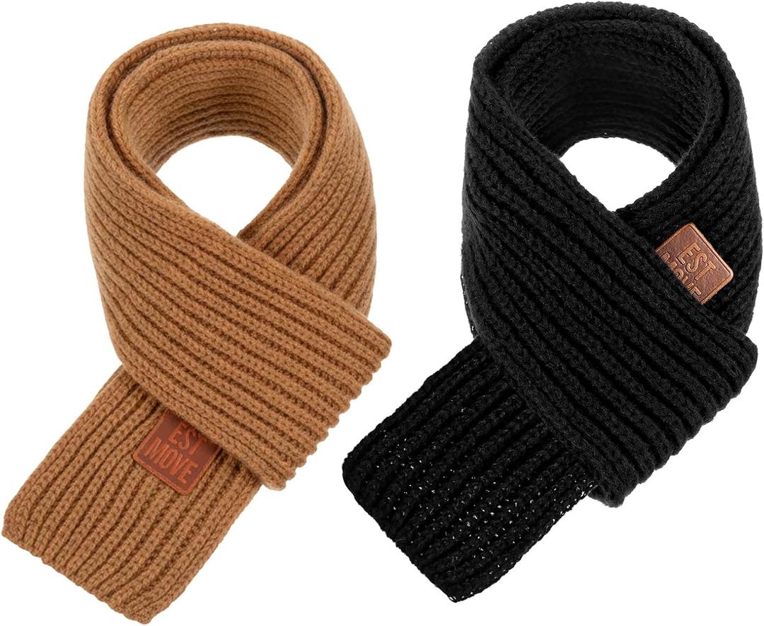 2 Pack Warm Kids Winter Knit Scarves Soft Knitted Neck Warmer Scarf Warm Scarves Wrap for Boys Girls (Black, Brown)