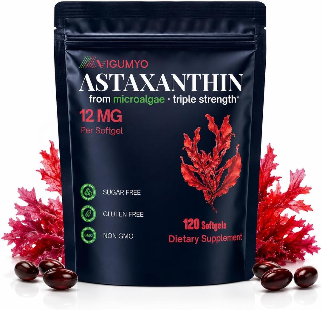 Astaxanthin 12 mg Softgels for Eye, Skin and Antioxidant Support, 120 Count | Microalgae-sourced, oil-based formula with one softgel daily for cellular wellness and a convenient four-month routine. (EXP 02/04/28)