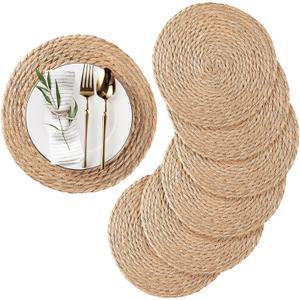 Round Woven Placemats Set of 6, Natural Water Hyacinth Place mats, 13 Inch Rattan Placemats Wicker Placemats Farmhouse Boho Braided Heat Resistant Outdoor Placemat Patio Table Place Mats