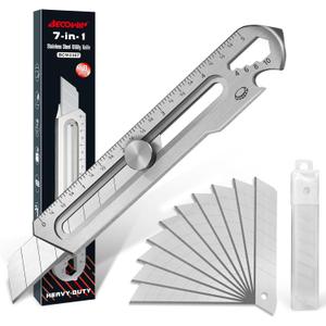 BECOWIN 7-In-1 Mutipurpose Utility Knife, Stainless Steel Retractable Box Cutter, Heavy Duty Snap off Cutter Knife with 10PC 18MM SK5 Blades, Safety Lock Design
