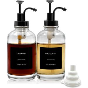 2-Pack Coffee Syrup Dispenser for Coffee Bar, 16.9 oz 500 ml Glass Syrup Bottle with 36 Labels, Syrup Pump Dispenser for Coffee Bar(Black pump)