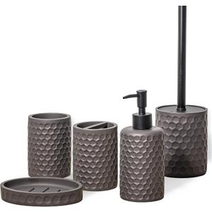 zccz Bathroom Accessories Set 5 Pcs - Soap Dispenser, Toilet Brush Holder, Toothbrush Holder, Bathroom Tumbler, Soap Dish - Vintage Bathroom Accessory Set Decor Countertop Vanity Organizer, Warm Grey